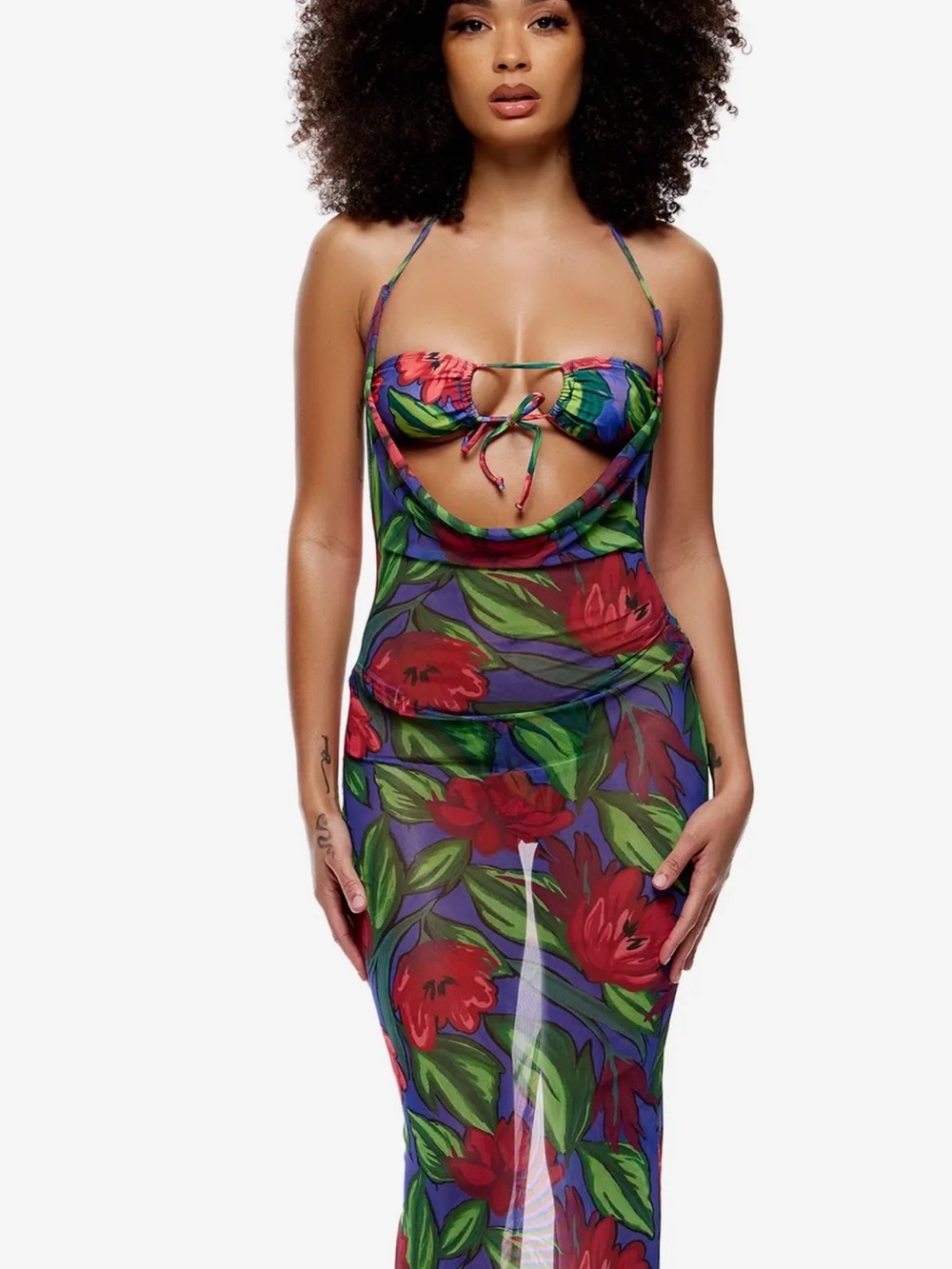 Tropical Floral Sheer Maxi Dress with Cutout Bodice